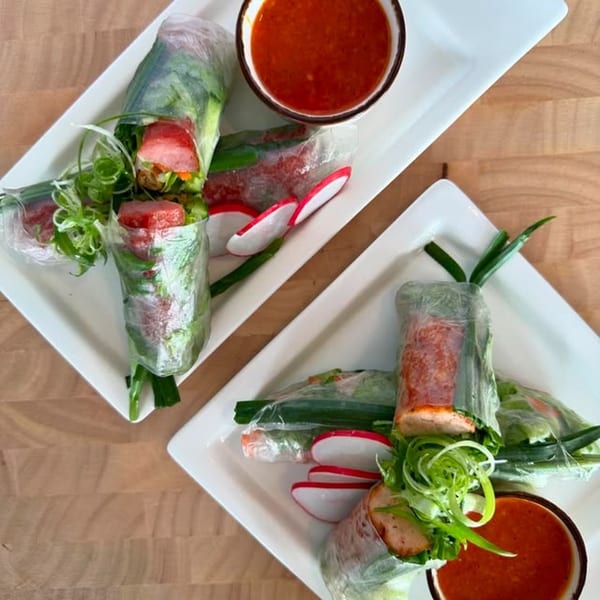 Two plates of Vietnamese spring rolls with red dipping sauce, radishes, and green onions.